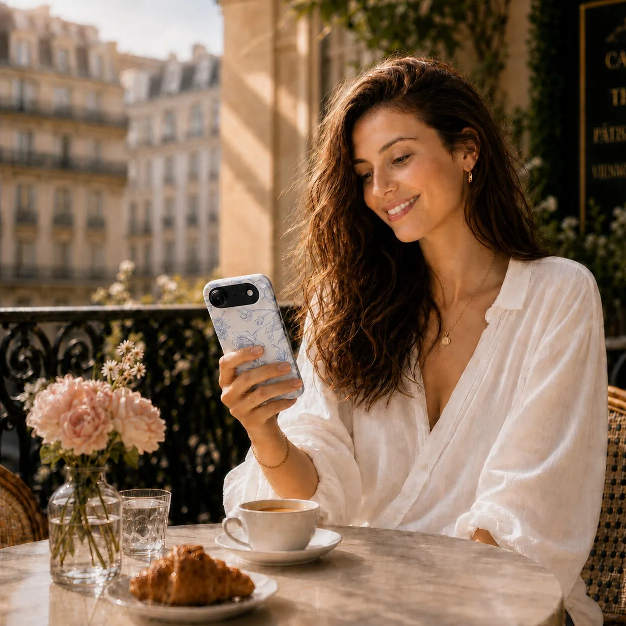 Woman holding a White Lotus floral phone case